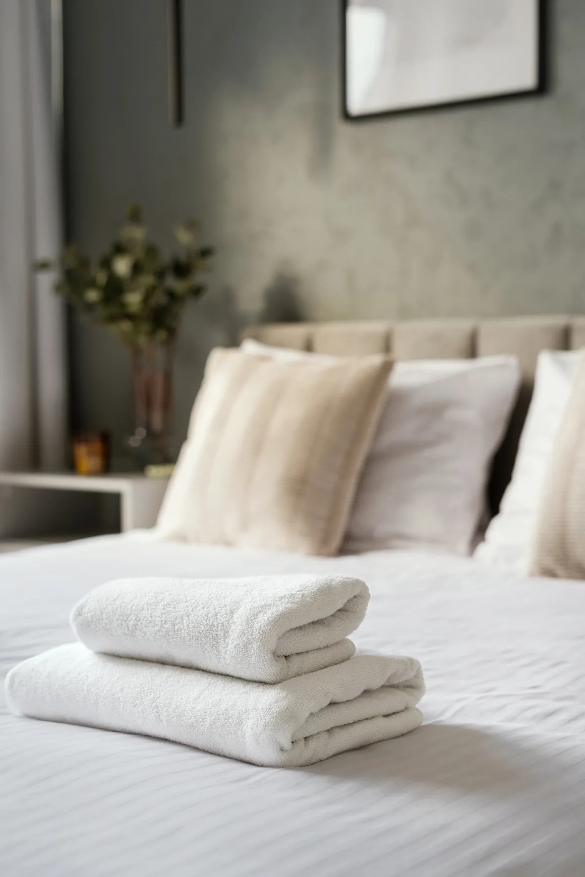 Fresh towels arranged on a guest-ready bed
